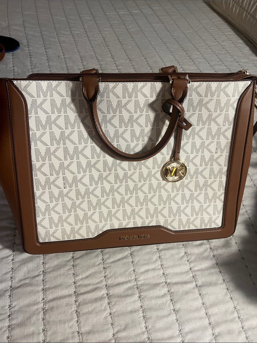 Michael Kors Vanilla Signature Logo Tote with Brown Trim